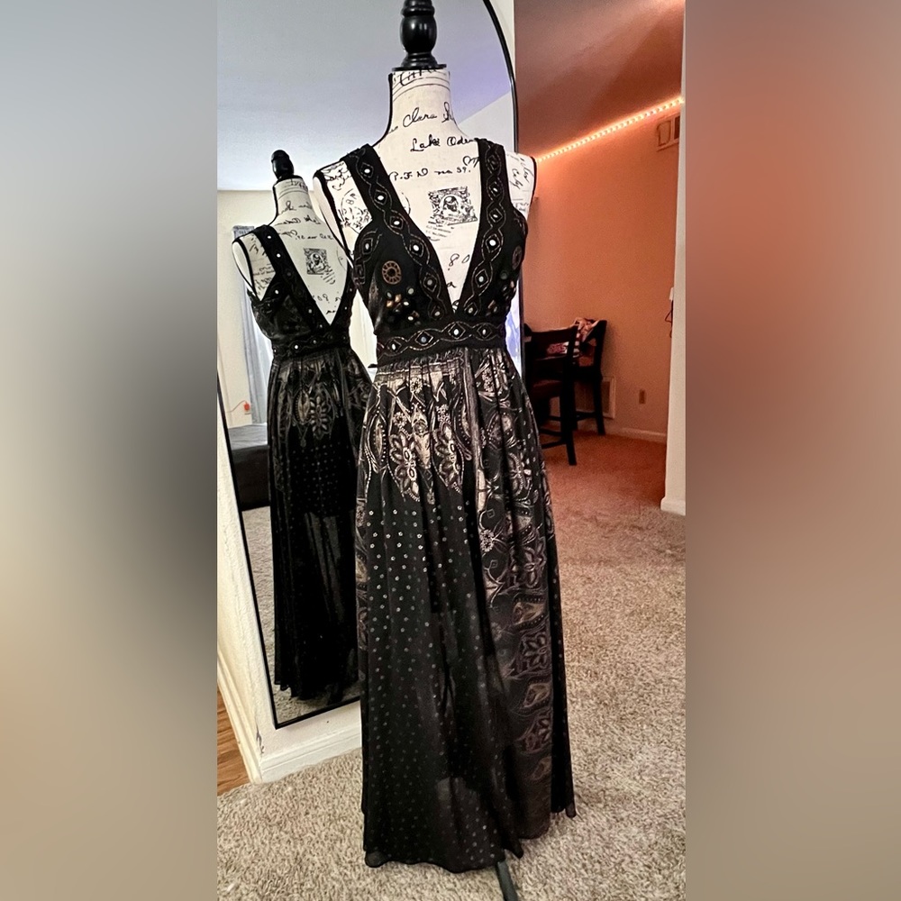 Free People Long Black w/ Gold Dress